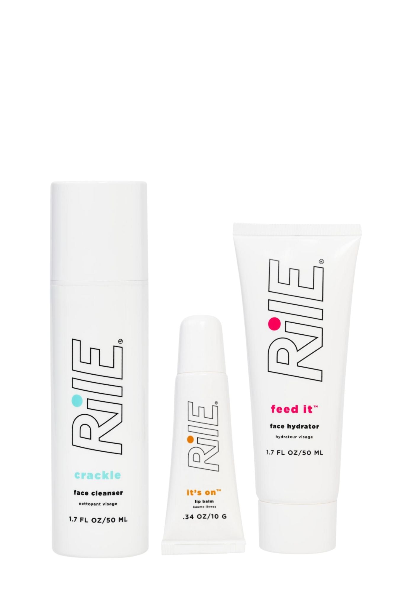 The three Rile products in the Face Bundle, the gentle cleanser, the lip balm and the hydrator moisturizer and all next to each other.