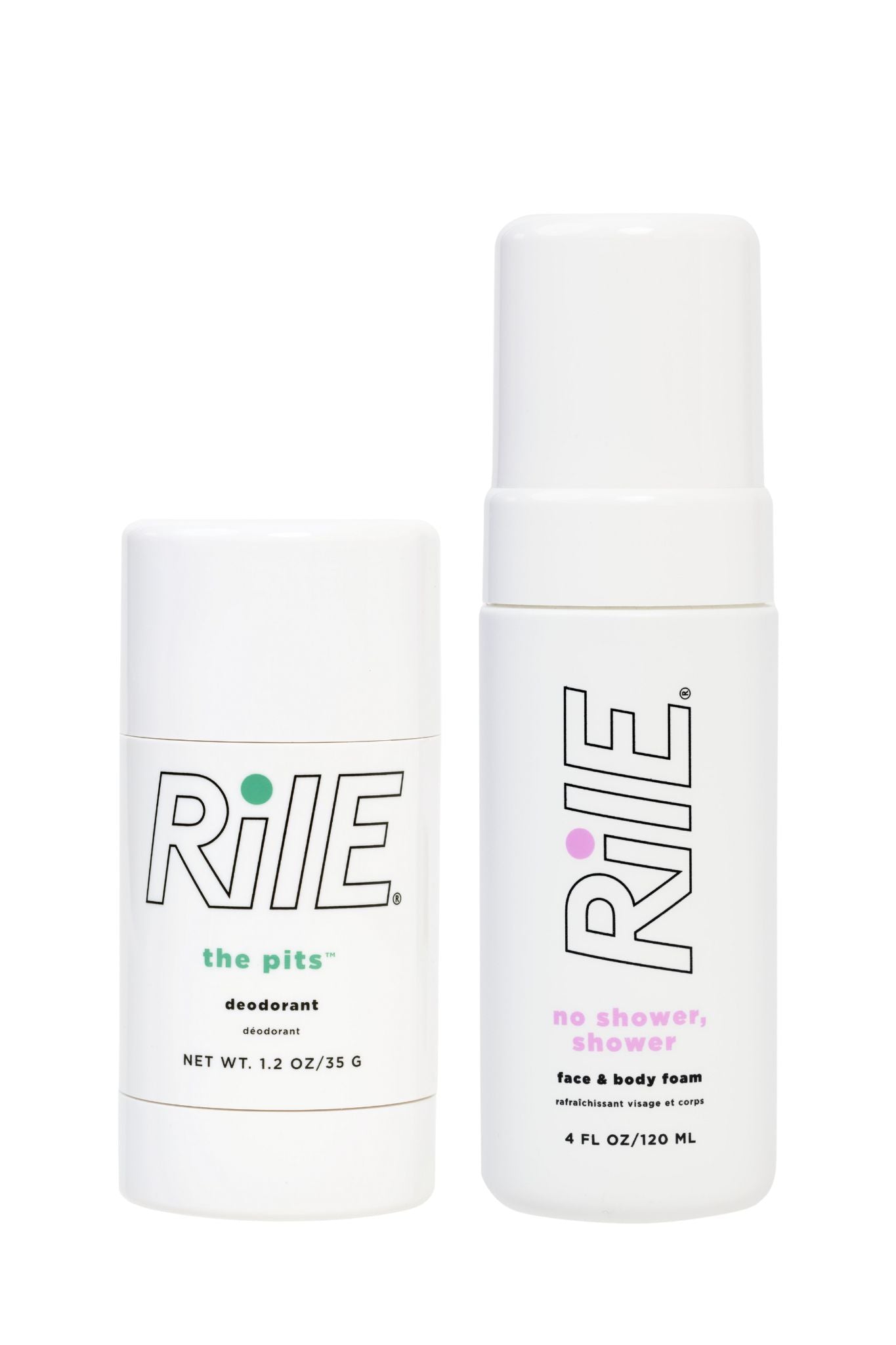A white bottle of Rile's No Shower Shower face and body foam and white stick of Rile's deodorant.