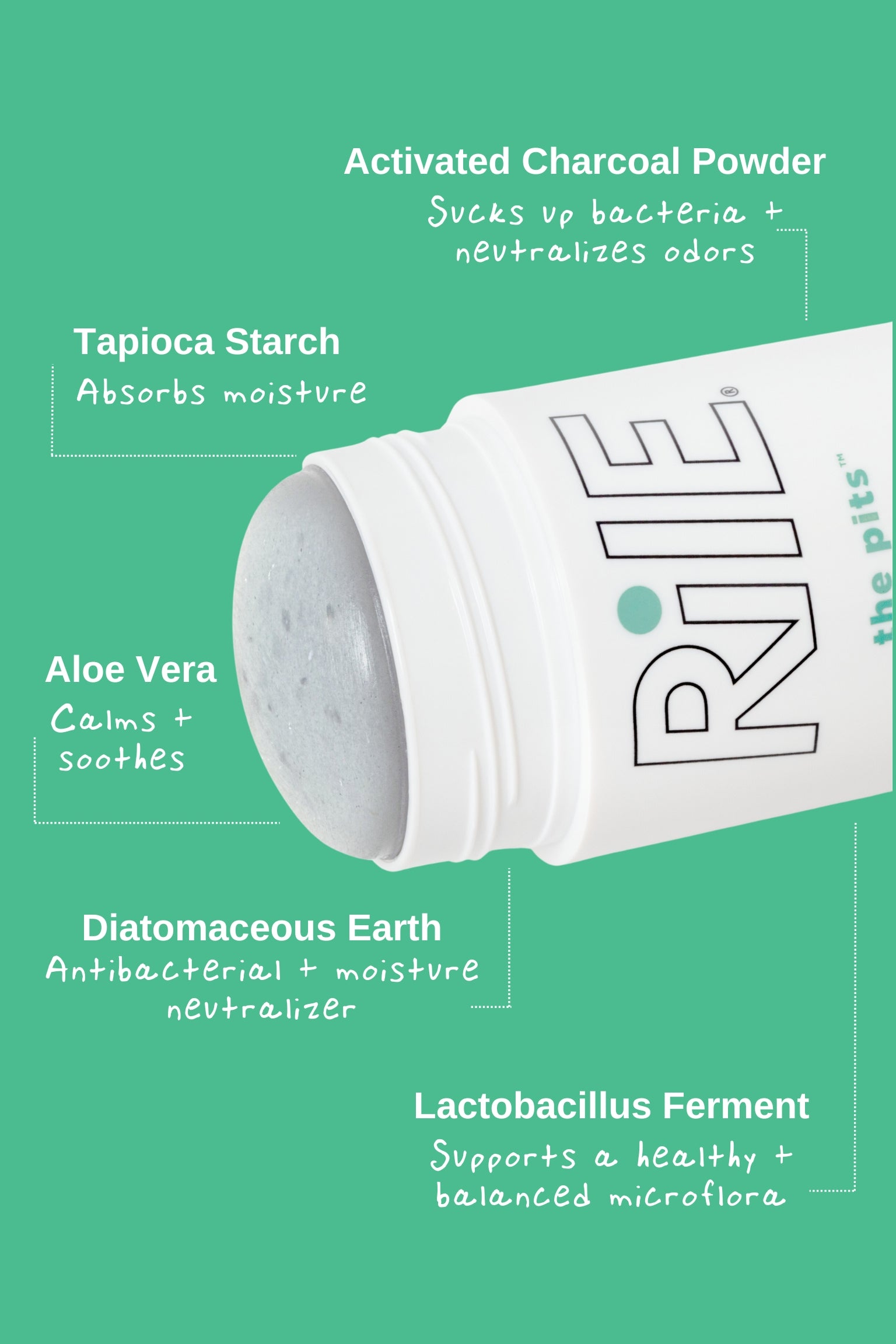The white deodorant stick has the cap off showing the Rile deodorant stick. the ingredients activated charcoal powder, tapioca starch, Aloe Vera, Diatomaceous earth and lactobacillus ferment are highlighted and how they absorb moisture, neutralize odors and calm and soothe.