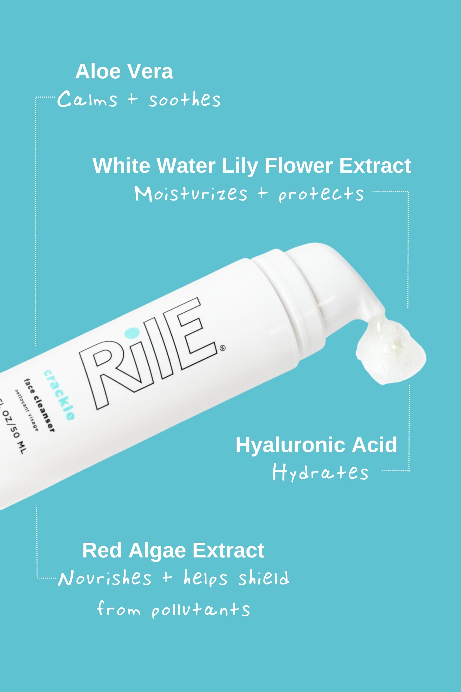 The white Rile bottle showing some of the face cleanser product. The ingredients Aloe vera, White Water Lily Flower extract, Hyaluronic acid and Red Algae extract are highlighted and how they moisturize protect hydrate and nourish teen and tween skin.