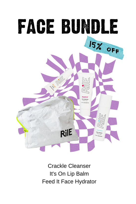 Face Bundle is shown with a Rile bag, the gentle cleanser, the hydrator moisturizer and the lip balm. The 15% discount and free shipping is highlighted.