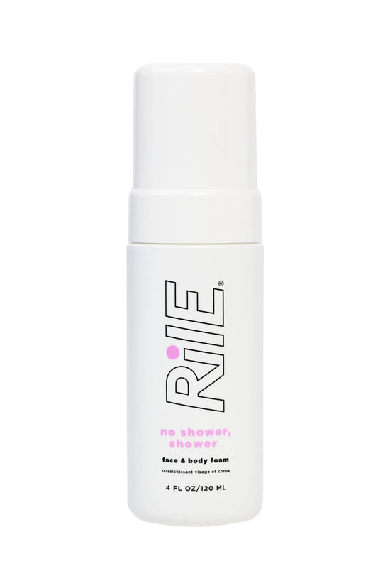A white bottle of Rile's no shower shower face and body foam refresher for young teens and tweens.